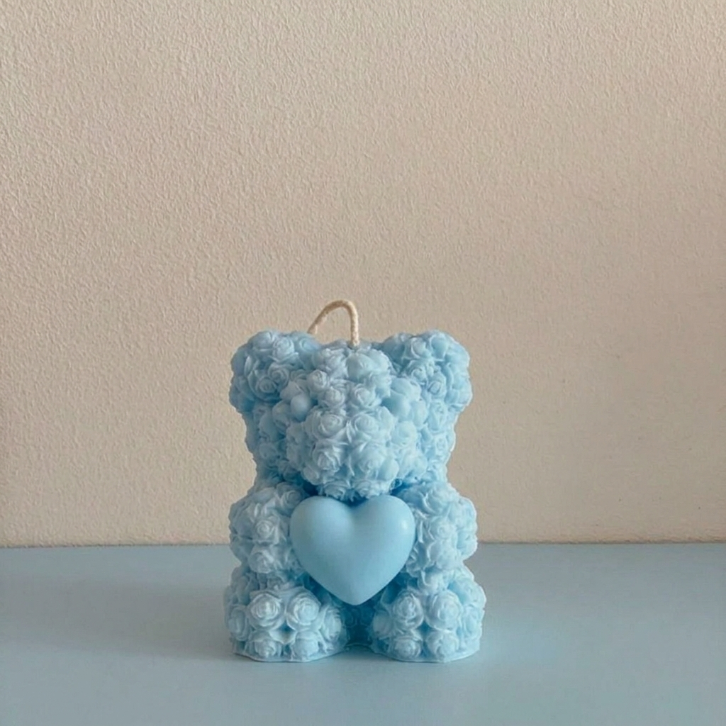 Teddy Bear Rose Candle with Heart
